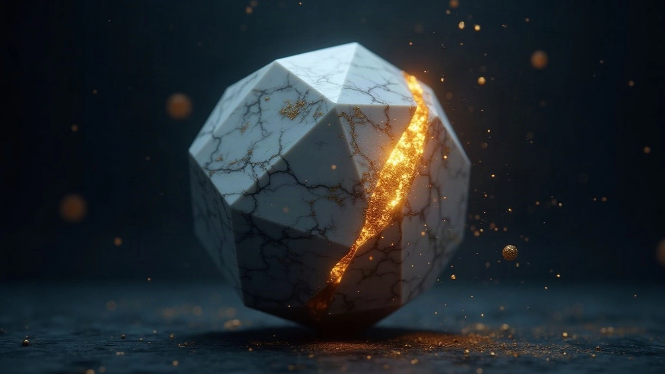A single large Parian marble die floating in a midnight navy void, one face cracked through with a glowing gold fissure, gold dust motes drifting in dramatic cinematic light.